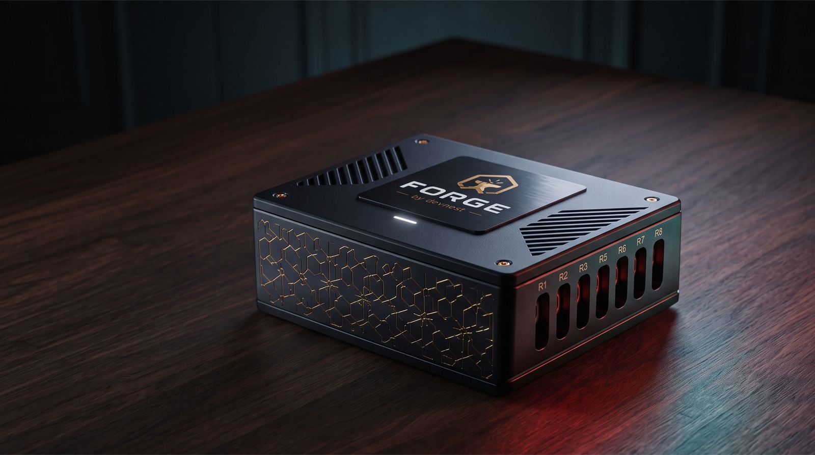 FORGE by DevNest, the hardware unit, matte black with gold hexagonal detailing